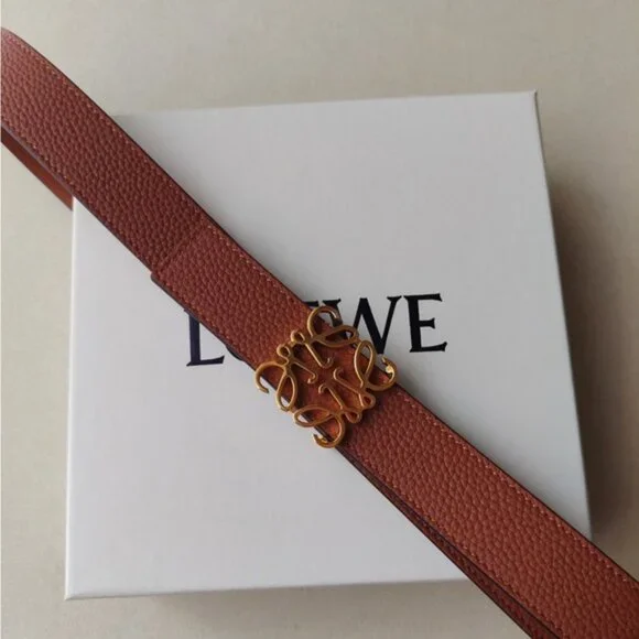 Loewe Tan Brown Grained Leather Belt with Gold Anagram Buckle Size 90 - Picture 2 of 6